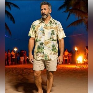 Vintage Woolcrest 50’s Men’s Hawaiian shirt w/palm trees w/populated sandy beach